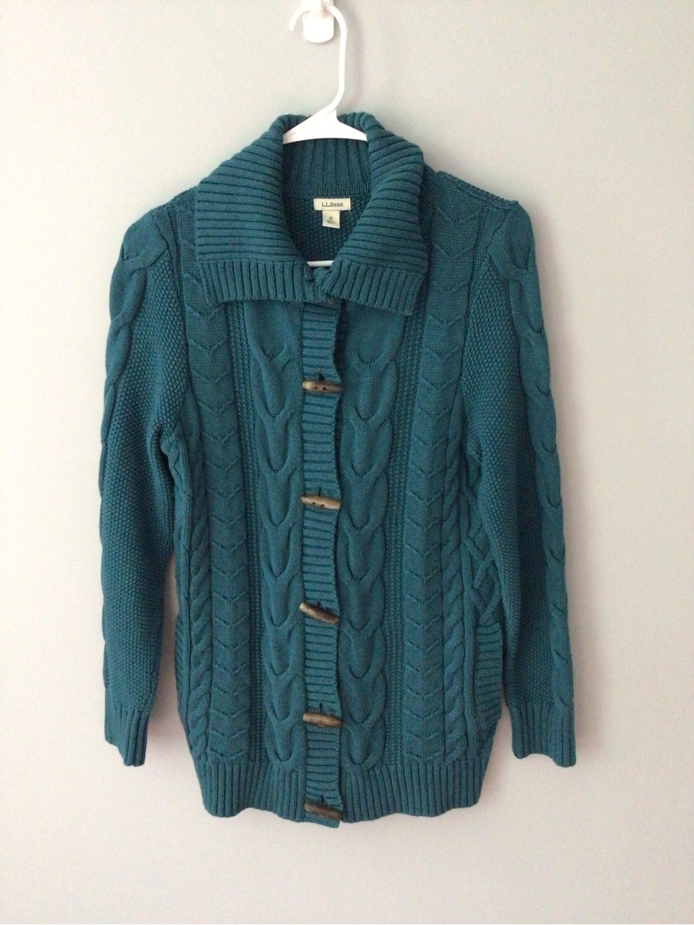 LL Bean Cotton Toggle Cable Knit Teal Women’s Sweater Cardigan Pet. M